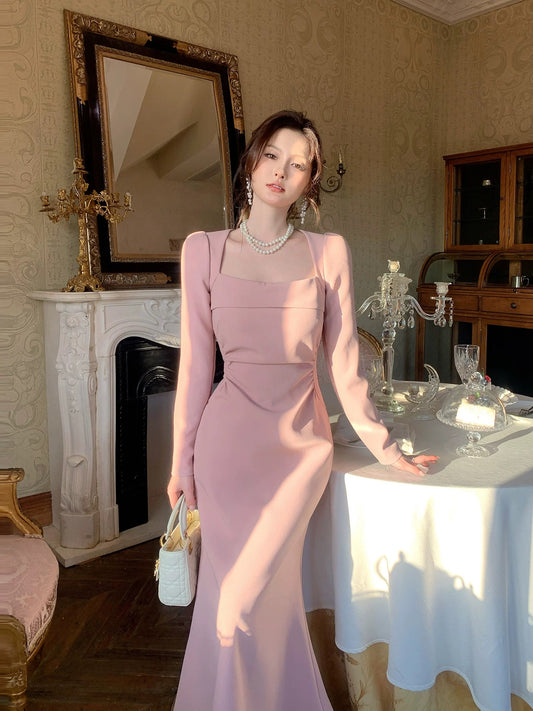 French Style Mermaid Square Neck Pink Satin Summer Formal For Women Girls Teens Prom Dresses N2217