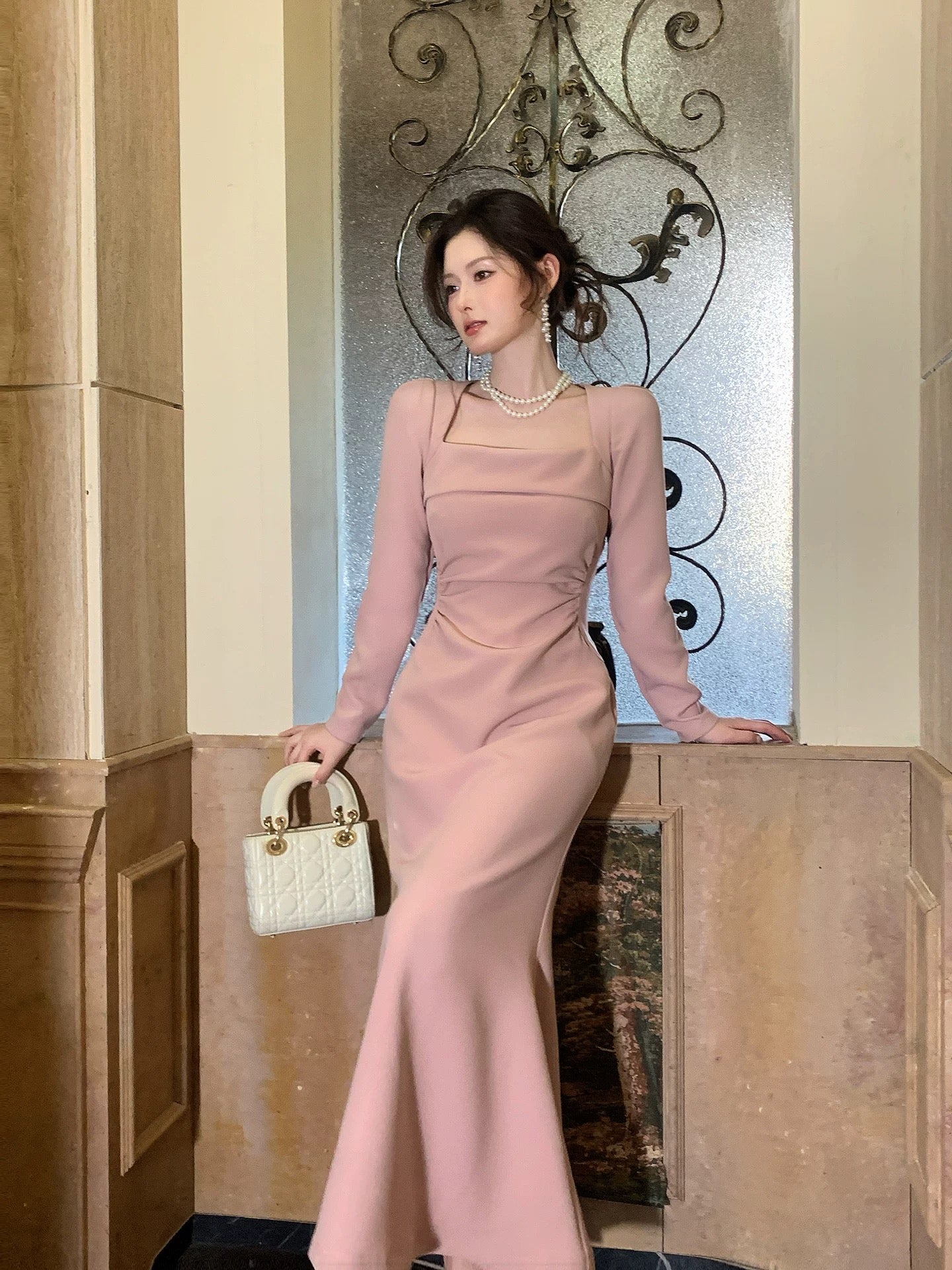 French Style Mermaid Square Neck Pink Satin Summer Formal For Women Girls Teens Prom Dresses N2217