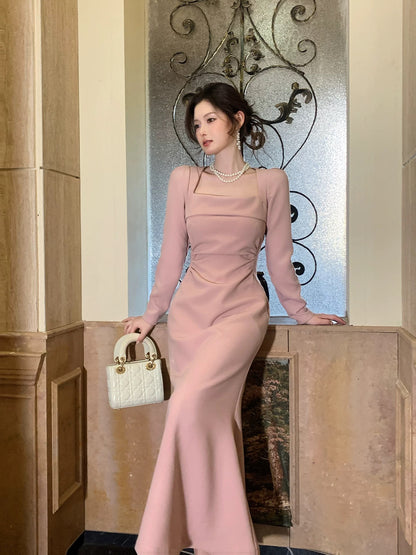 French Style Mermaid Square Neck Pink Satin Summer Formal For Women Girls Teens Prom Dresses N2217