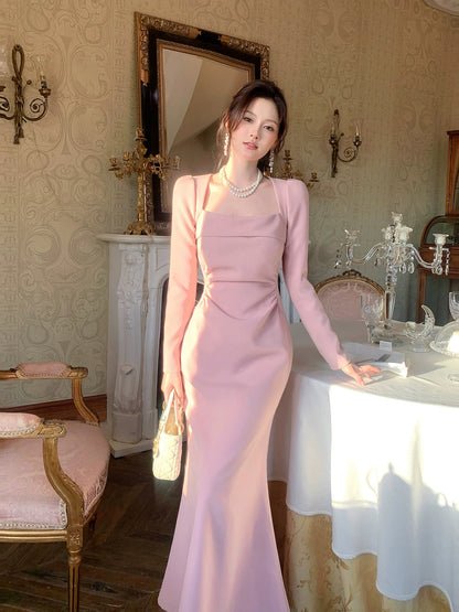 French Style Mermaid Square Neck Pink Satin Summer Formal For Women Girls Teens Prom Dresses N2217