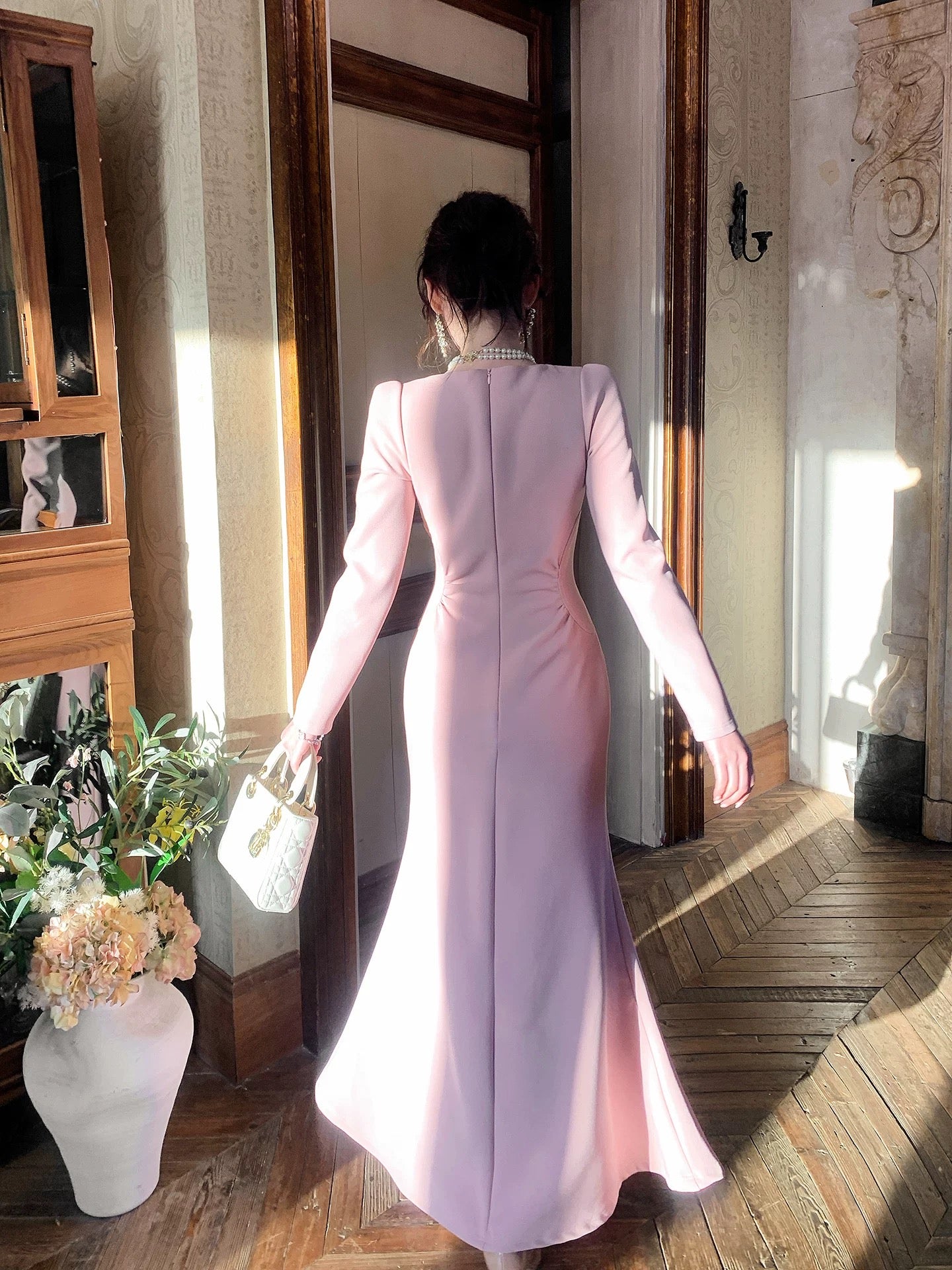 French Style Mermaid Square Neck Pink Satin Summer Formal For Women Girls Teens Prom Dresses N2217