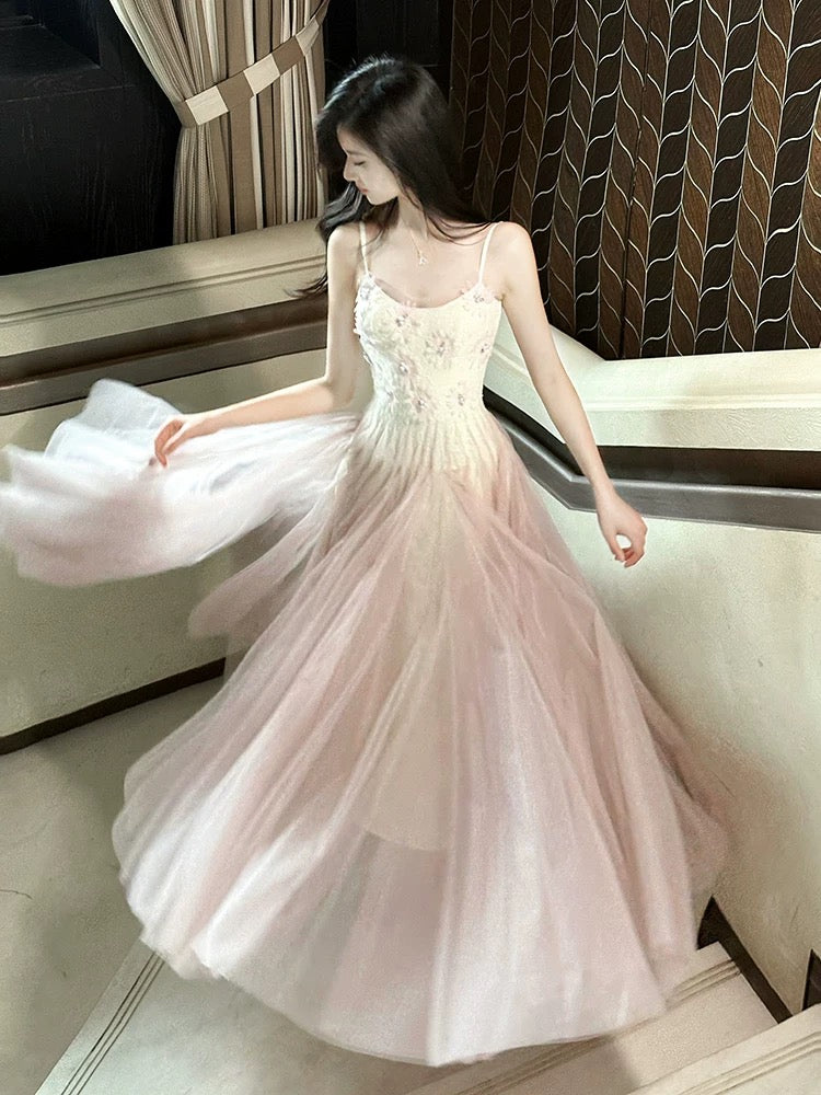 Classy A Line Spaghetti Strap Pink Tulle Long For Women Girls Teens Prom Dresses N2219