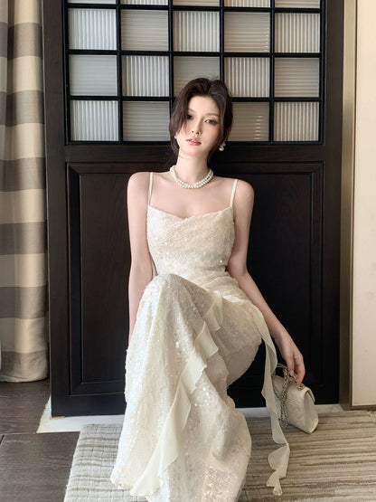 Simple Mermaid Spaghetti Strap White Sequin Summer Formal For Women Girls Teens Prom Dresses N2226