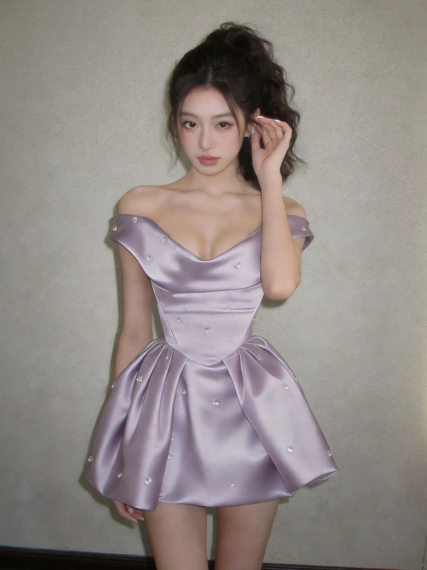 Vintage Ball Gown Off The Shoulder Lilac Satin Short Inspo 2000s Hoco Gowns Inspo Homecoming Dresses N1668