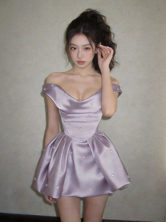Vintage Ball Gown Off The Shoulder Lilac Satin Short Inspo 2000s Hoco Gowns Inspo Homecoming Dresses N1668