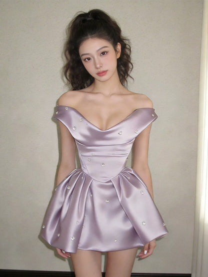 Vintage Ball Gown Off The Shoulder Lilac Satin Short Inspo 2000s Hoco Gowns Inspo Homecoming Dresses N1668
