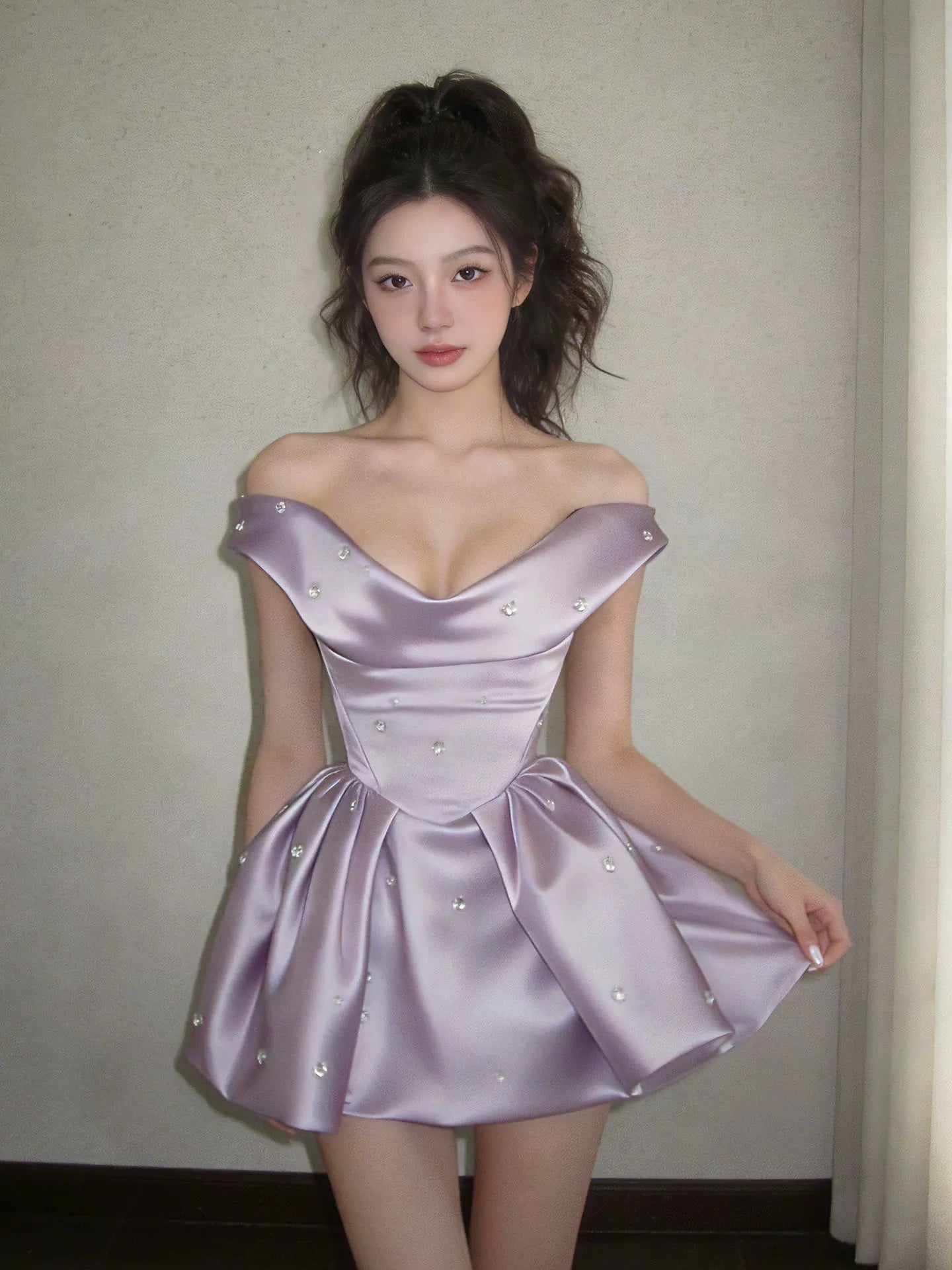 Vintage Ball Gown Off The Shoulder Lilac Satin Short Inspo 2000s Hoco Gowns Inspo Homecoming Dresses N1668