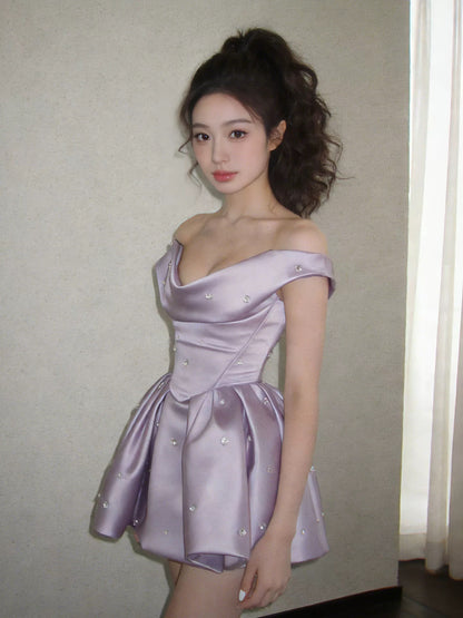 Vintage Ball Gown Off The Shoulder Lilac Satin Short Inspo 2000s Hoco Gowns Inspo Homecoming Dresses N1668