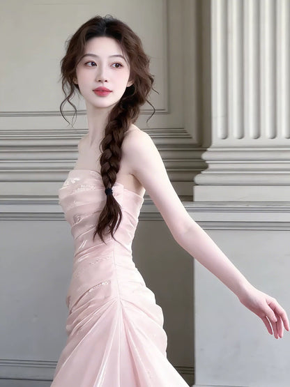 Cute Mermaid Strapless Pink With Ruffles For High Schools Teens Prom Dresses Long Graduation Dress N1669