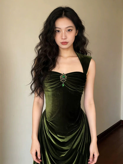 Vintage A Line Strapless Green Velvet With Ruffles For High Schools Teens Prom Dresses Long Graduation Dress N1671