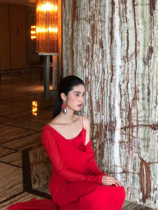 Classic Mermaid Spaghetti Straps Red Chiffon Inspiration Long Wedding Guest Dresses N1667