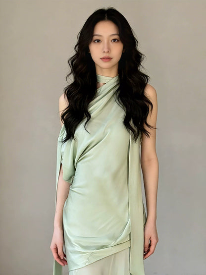 Classic Mermaid One Shoulder Sage Green Satin Inspiration Long Wedding Guest Dresses N1673