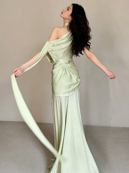 Classic Mermaid One Shoulder Sage Green Satin Inspiration Long Wedding Guest Dresses N1673