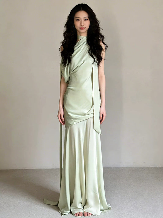 Classic Mermaid One Shoulder Sage Green Satin Inspiration Long Wedding Guest Dresses N1673