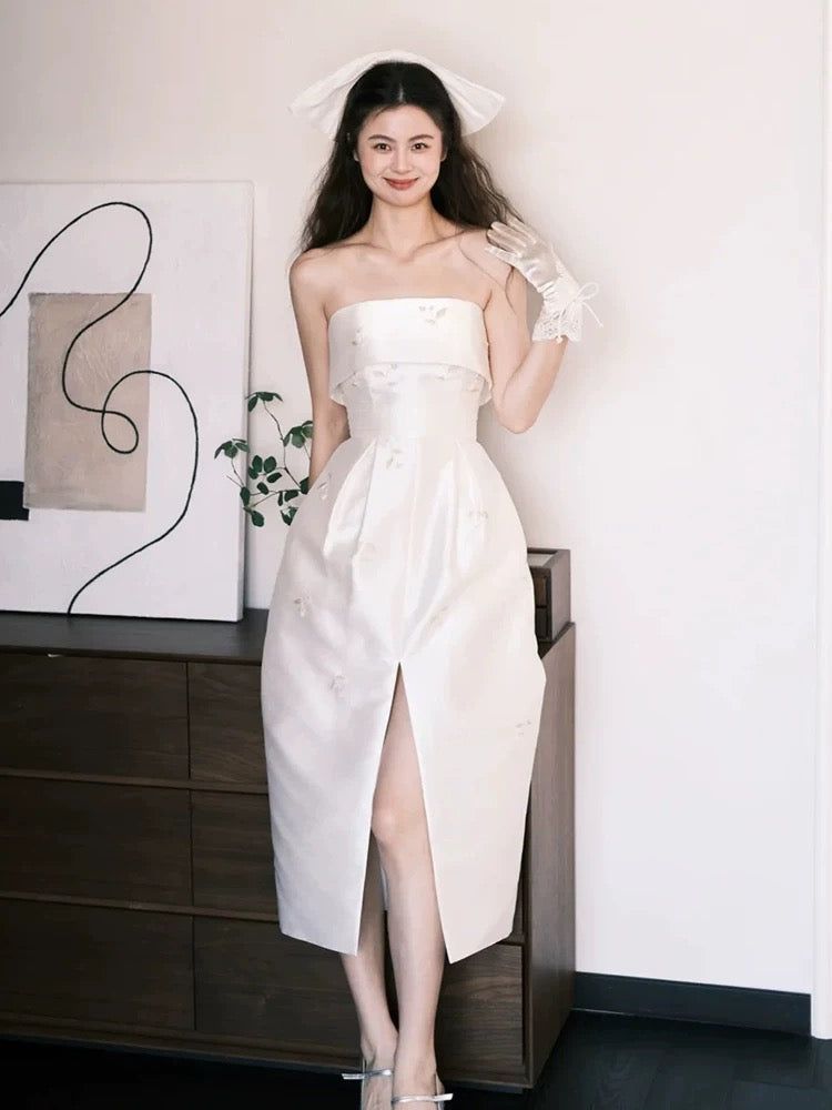 Simple A line Strapless Wedding Dresses Tea Length Satin Brides Dress Fitted Bridal Gown N1674