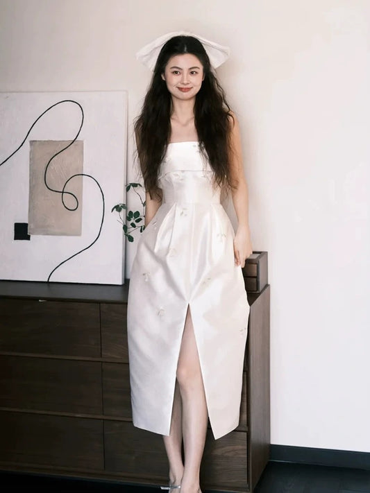 Simple A line Strapless Wedding Dresses Tea Length Satin Brides Dress Fitted Bridal Gown N1674