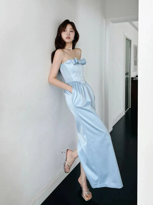 Classic A Line Strapless Blue With Pockets Satin Inspiration Long Wedding Guest Dresses N1675