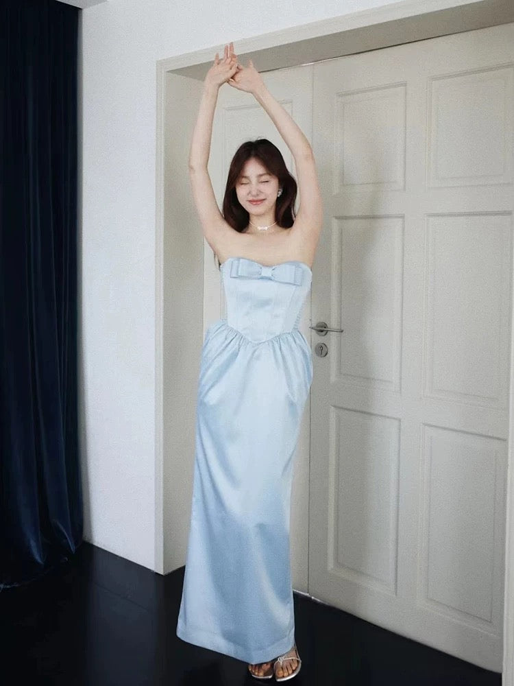Classic A Line Strapless Blue With Pockets Satin Inspiration Long Wedding Guest Dresses N1675
