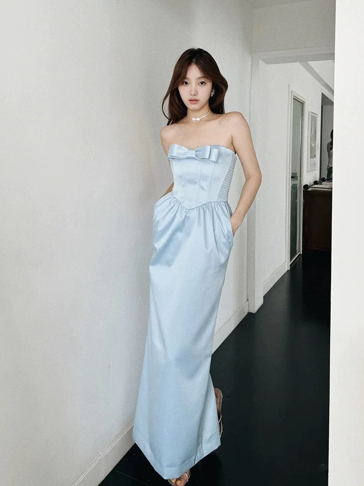 Classic A Line Strapless Blue With Pockets Satin Inspiration Long Wedding Guest Dresses N1675