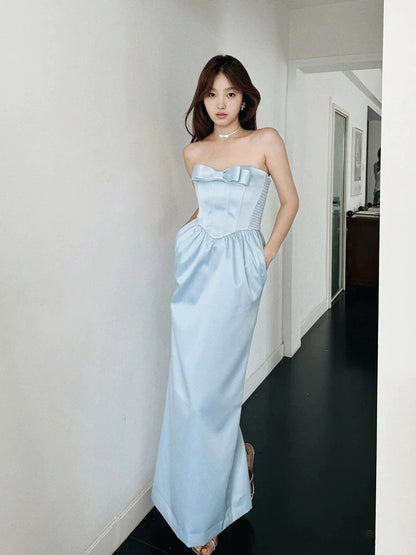 Classic A Line Strapless Blue With Pockets Satin Inspiration Long Wedding Guest Dresses N1675