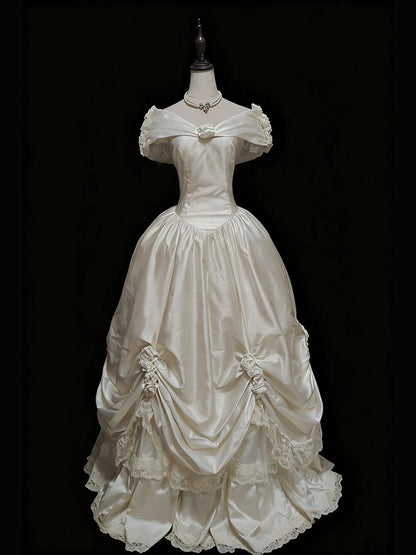 Fairytale Fantasy Art Wedding Dresses Ball Gown Off The Shoulder Satin With Sleeves Long Brides Dress Bridal Gowns N1676