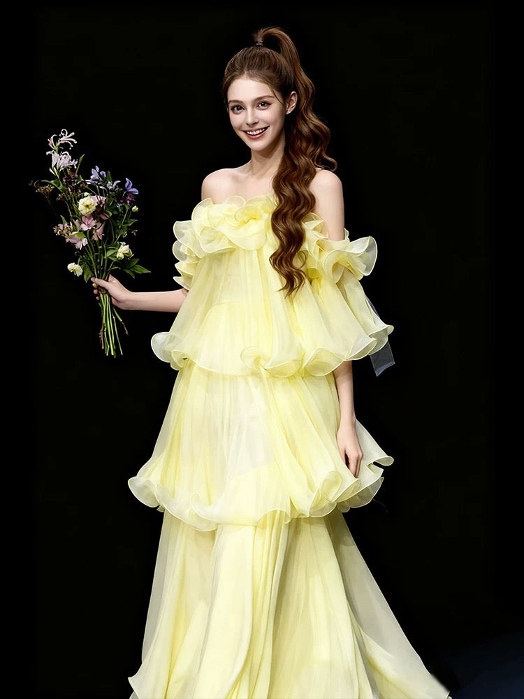 Vintage A Line Off The Shoulder Yellow Chiffon With Ruffles For High Schools Teens Prom Dresses Graduation Dress N1677