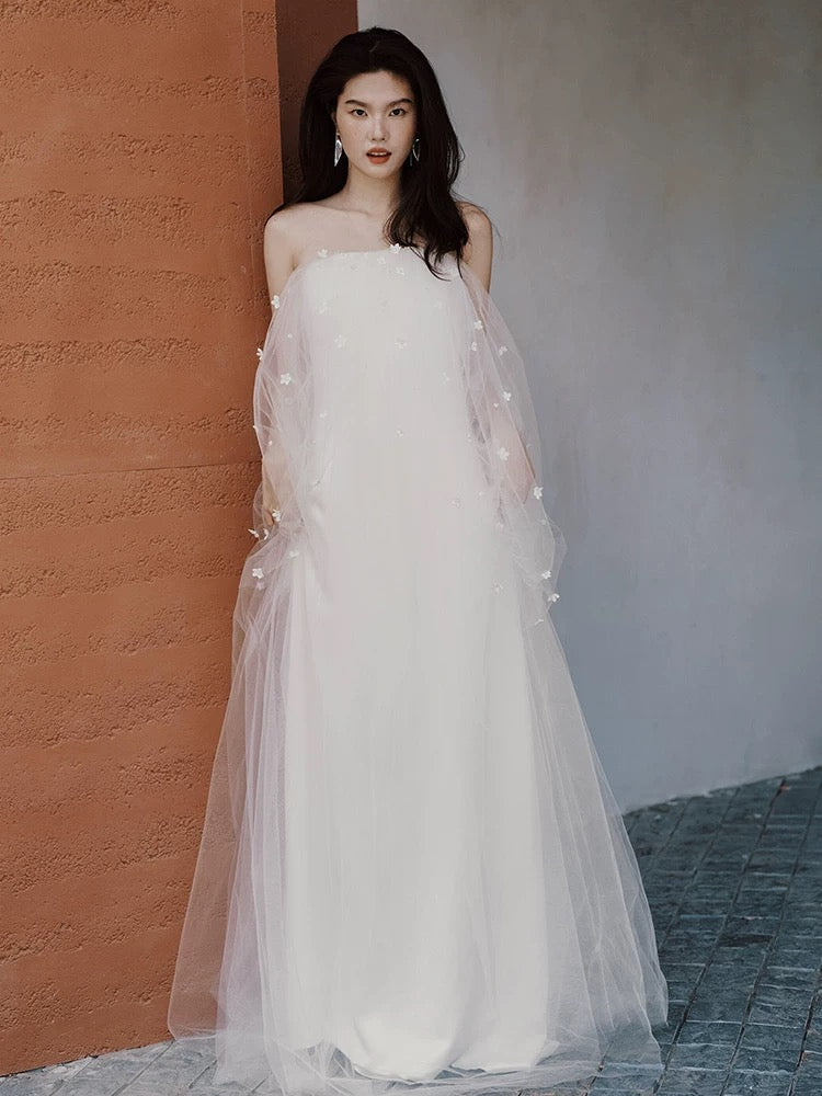 Fairytale Fantasy Art Wedding Dresses A Line Off The Shoulder Tulle With Sleeves Long Brides Dress Bridal Gowns N1681