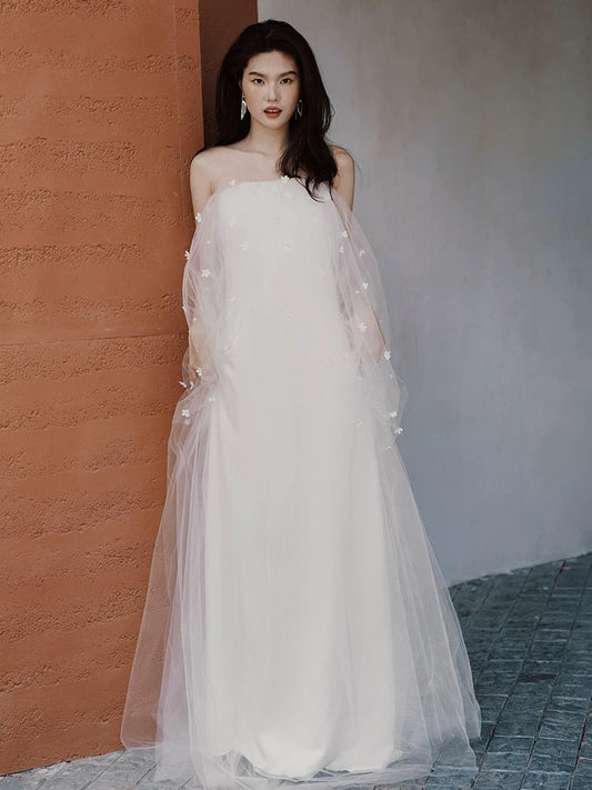 Fairytale Fantasy Art Wedding Dresses A Line Off The Shoulder Tulle With Sleeves Long Brides Dress Bridal Gowns N1681
