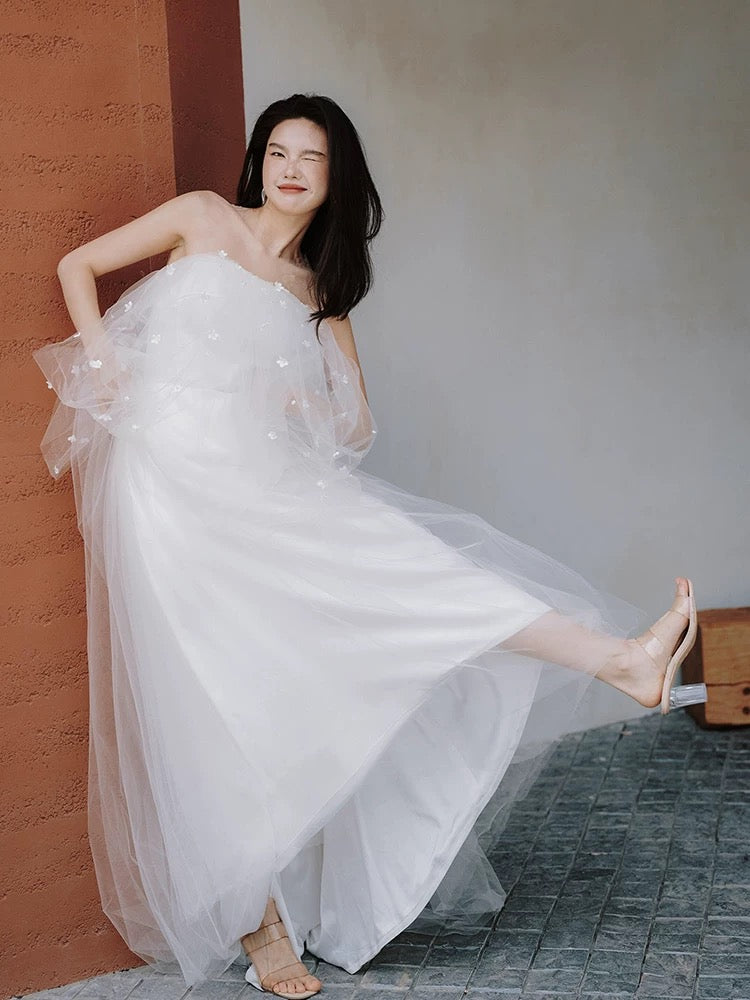 Fairytale Fantasy Art Wedding Dresses A Line Off The Shoulder Tulle With Sleeves Long Brides Dress Bridal Gowns N1681