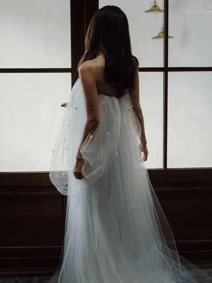 Fairytale Fantasy Art Wedding Dresses A Line Off The Shoulder Tulle With Sleeves Long Brides Dress Bridal Gowns N1681