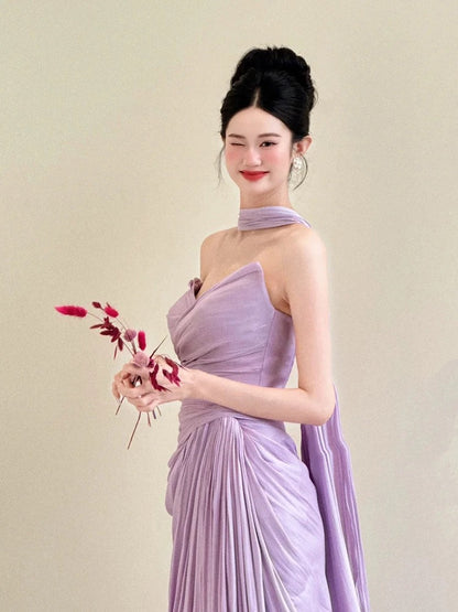 Classic Mermaid Sweetheart Lilac Satin With Ruffles Scarf Inspiration Long Wedding Guest Dresses N1687
