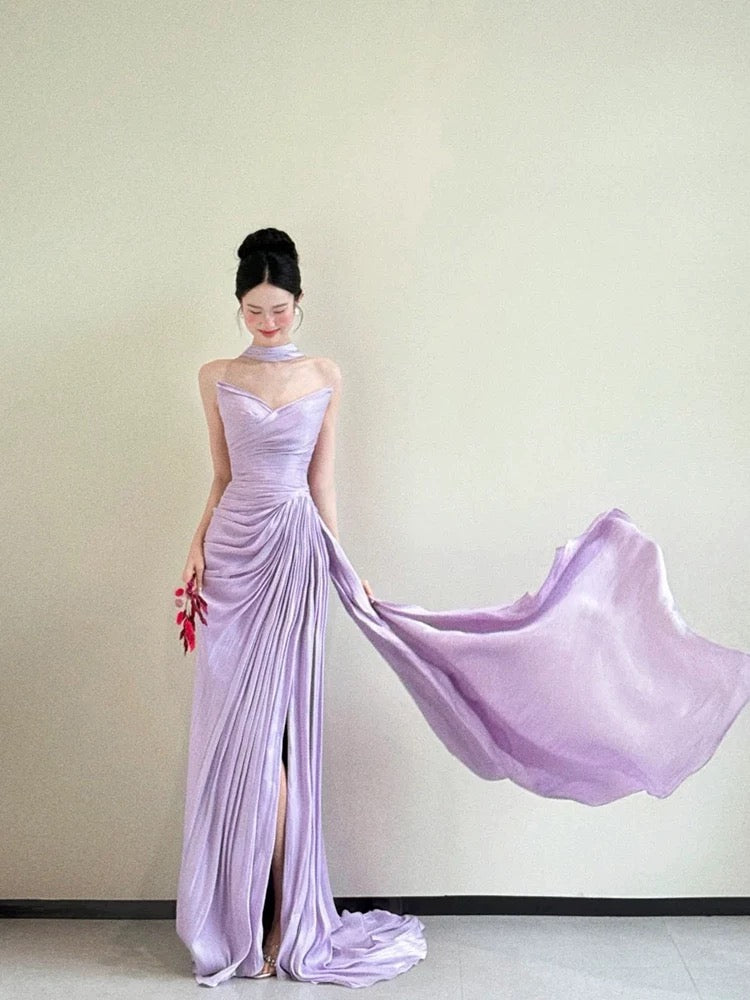 Classic Mermaid Sweetheart Lilac Satin With Ruffles Scarf Inspiration Long Wedding Guest Dresses N1687