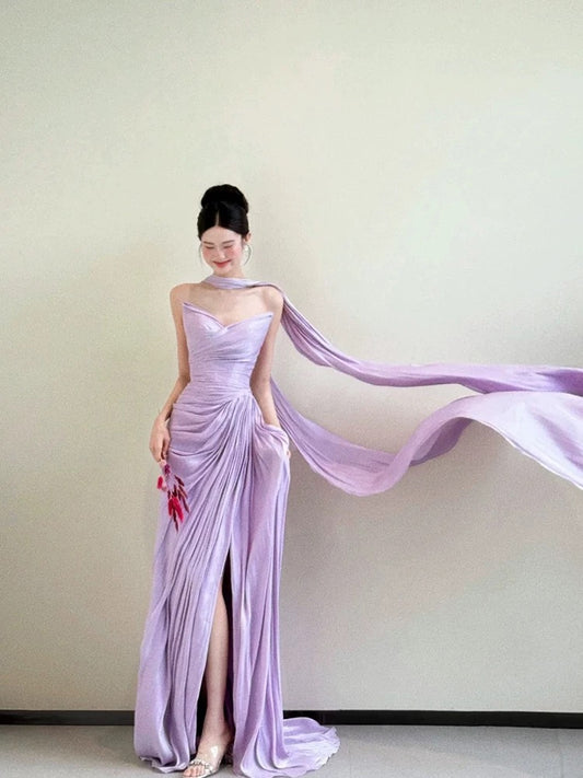 Classic Mermaid Sweetheart Lilac Satin With Ruffles Scarf Inspiration Long Wedding Guest Dresses N1687