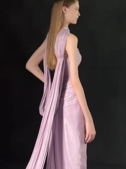 Classic Mermaid Sweetheart Lilac Satin With Ruffles Scarf Inspiration Long Wedding Guest Dresses N1687