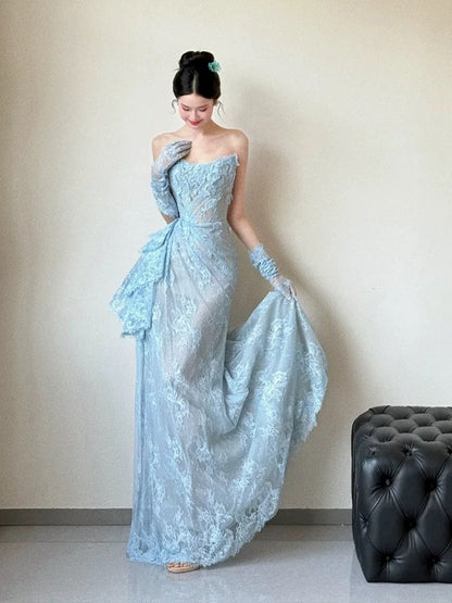 Beautiful Mermaid Sweetheart Blue Lace With Gloves For High Schools Teens Prom Dresses Graduation Dress N1689