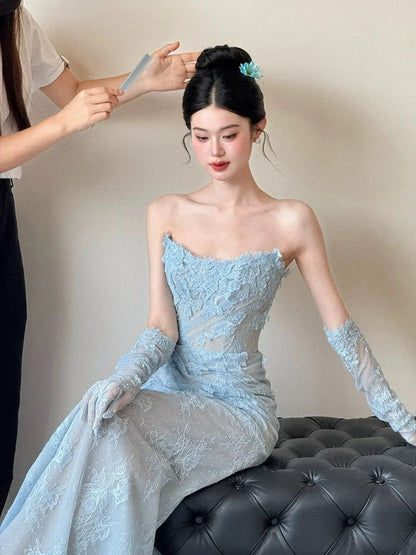 Beautiful Mermaid Sweetheart Blue Lace With Gloves For High Schools Teens Prom Dresses Graduation Dress N1689