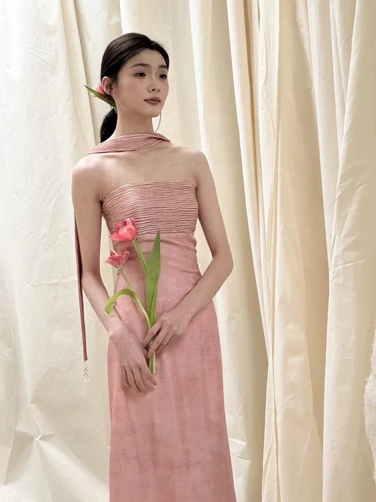 Classic A line Strapless Pink Satin With Ruffles Scarf Inspiration Long Wedding Guest Dresses N1690