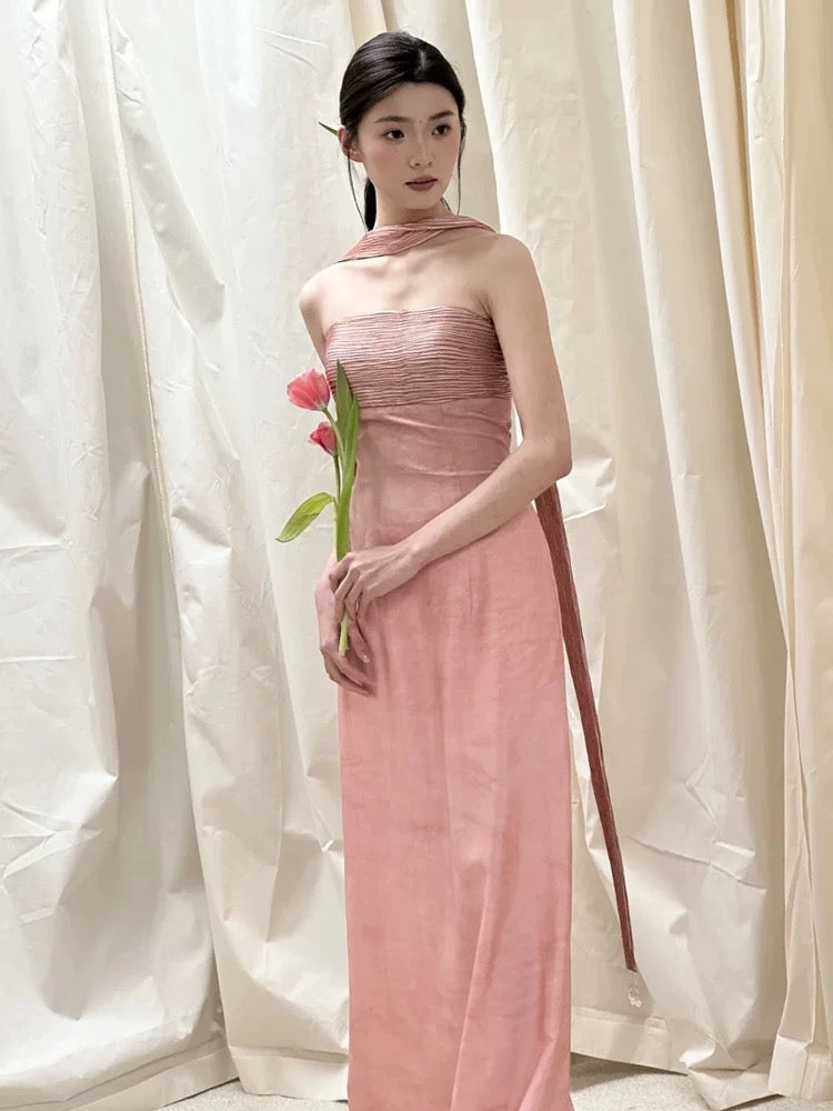 Classic A line Strapless Pink Satin With Ruffles Scarf Inspiration Long Wedding Guest Dresses N1690
