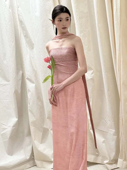 Classic A line Strapless Pink Satin With Ruffles Scarf Inspiration Long Wedding Guest Dresses N1690