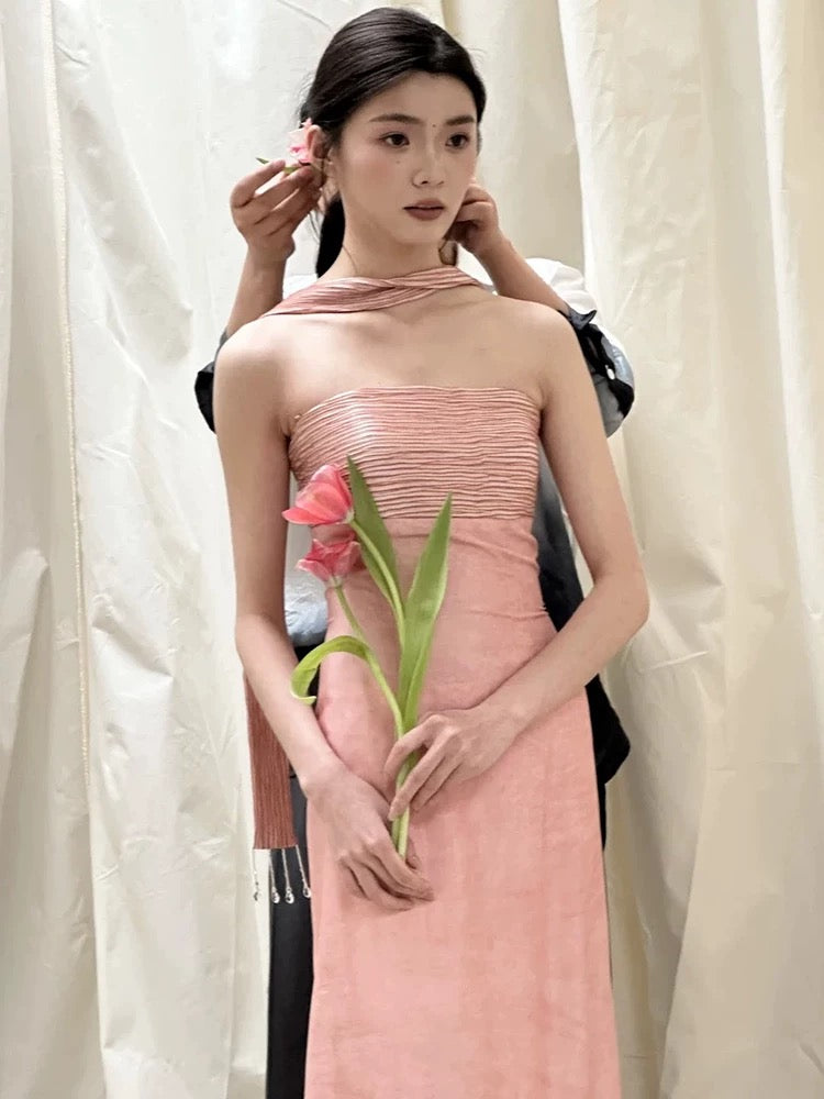 Classic A line Strapless Pink Satin With Ruffles Scarf Inspiration Long Wedding Guest Dresses N1690