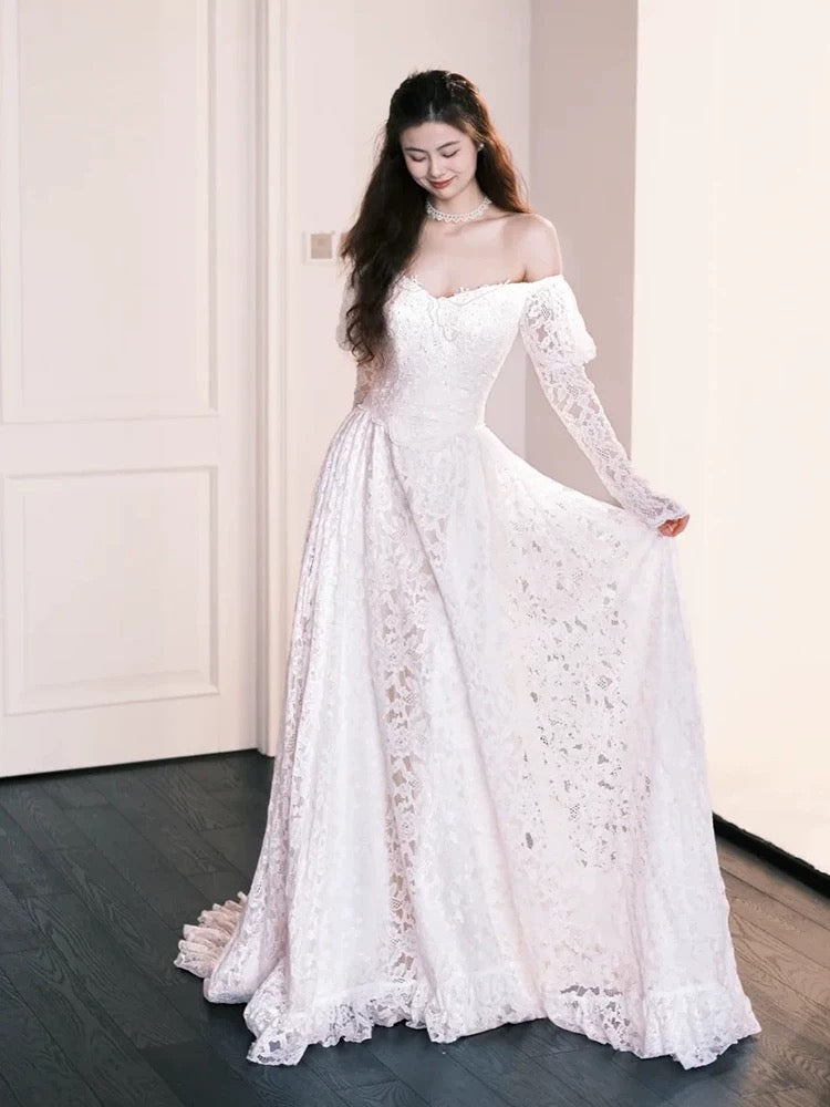 Fairytale Fantasy Art Wedding Dresses A Line Off The Shoulder Lace With Sleeves Long Brides Dress Bridal Gowns N1691