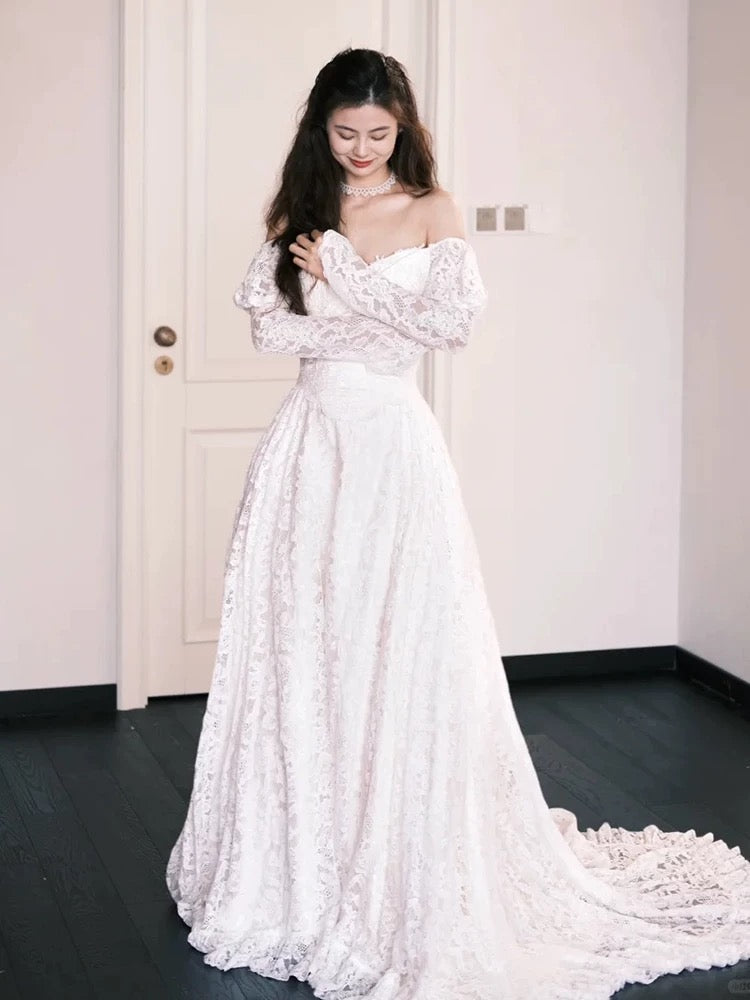 Fairytale Fantasy Art Wedding Dresses A Line Off The Shoulder Lace With Sleeves Long Brides Dress Bridal Gowns N1691