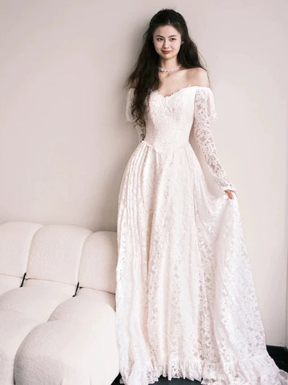 Fairytale Fantasy Art Wedding Dresses A Line Off The Shoulder Lace With Sleeves Long Brides Dress Bridal Gowns N1691