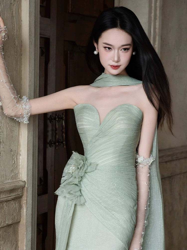 Classic Mermaid Sweetheart Green With Slit Ruffles Scarf Inspiration Long Prom Wedding Guest Dresses N1693