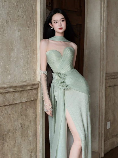 Classic Mermaid Sweetheart Green With Slit Ruffles Scarf Inspiration Long Prom Wedding Guest Dresses N1693