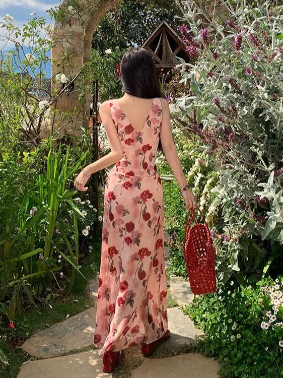 Modest A Line V Neck Floral Chiffon Sleeveless Long Birthday Dresses Party Holiday Summer Outfits N3143