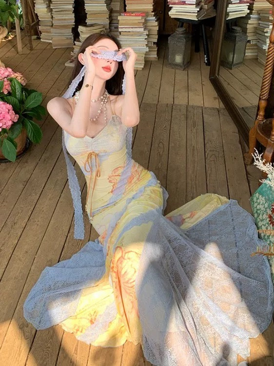 Modest Mermaid Spaghetti Strap Ideas For Women Yellow Long Birthday Dresses Party Holiday Summer Outfits N3144