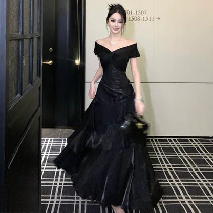 Elegant Mermaid Off The Shoulder Black With Short Sleeves Prom Dresses Long Evening Outfits N3145