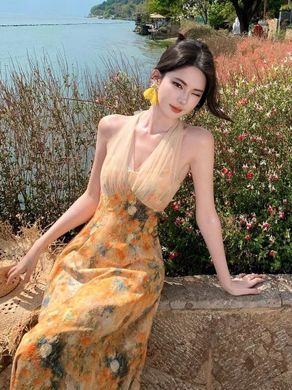 Modest High Low Halter Lace Ideas For Women Yellow Long Birthday Dresses Party Holiday Summer Outfits N3146