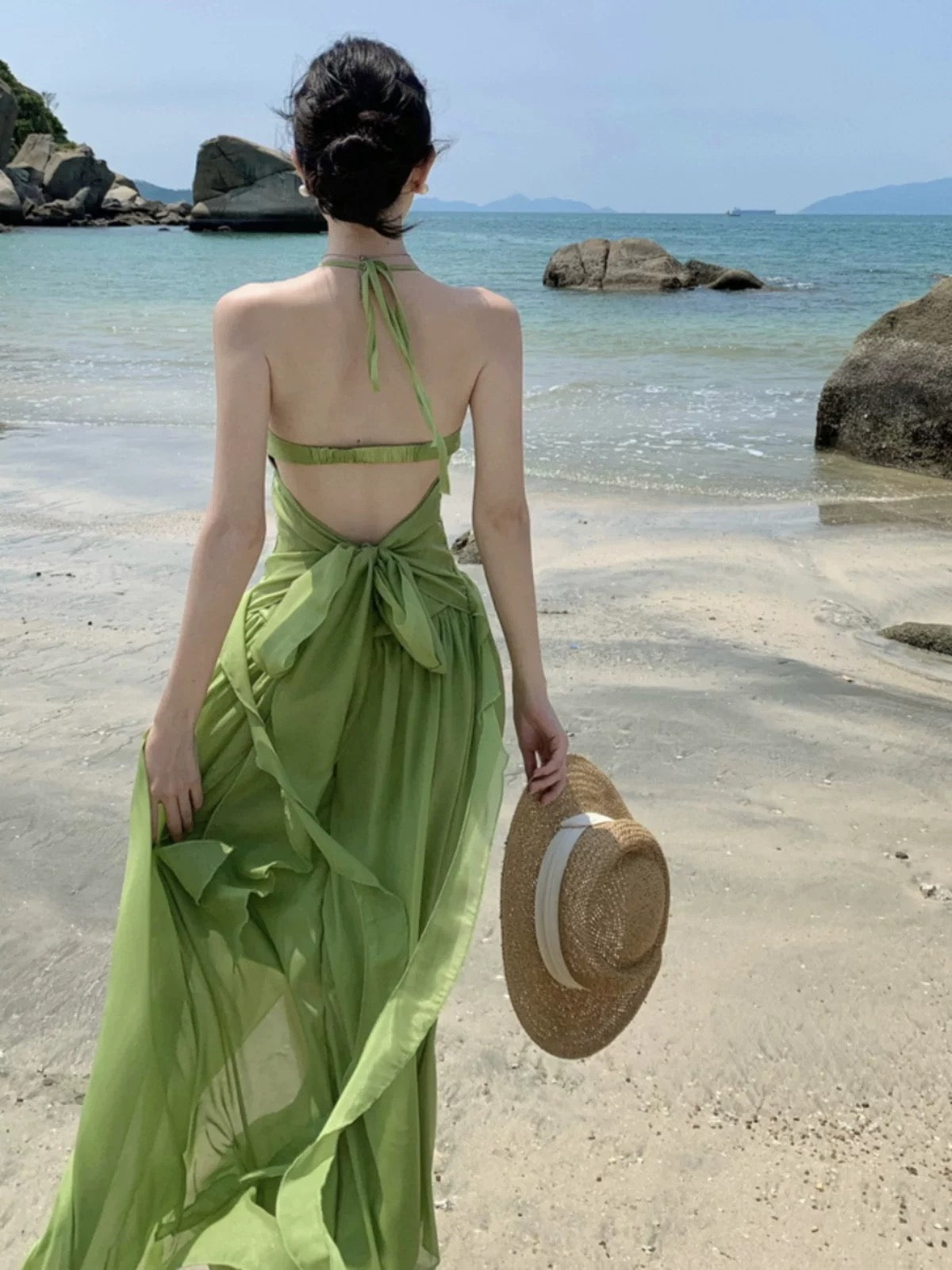 Modest A line Halter Green Chiffon Ideas For Women Long Birthday Dresses Beach Holiday Summer Outfits N3147